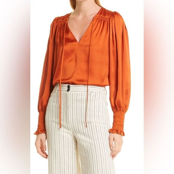Rebecca Taylor | Sateen Tie Top in burnt orange | size medium - Picture 1 of 8